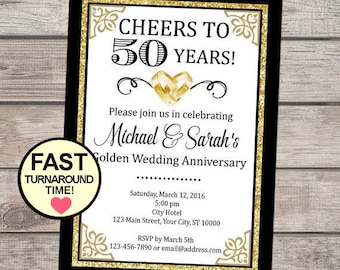 50th Golden Wedding Anniversary Invitation, Custom Black And Gold 50th Anniversary Invite, Formal Elegant 50th Anniversary Party Invitation