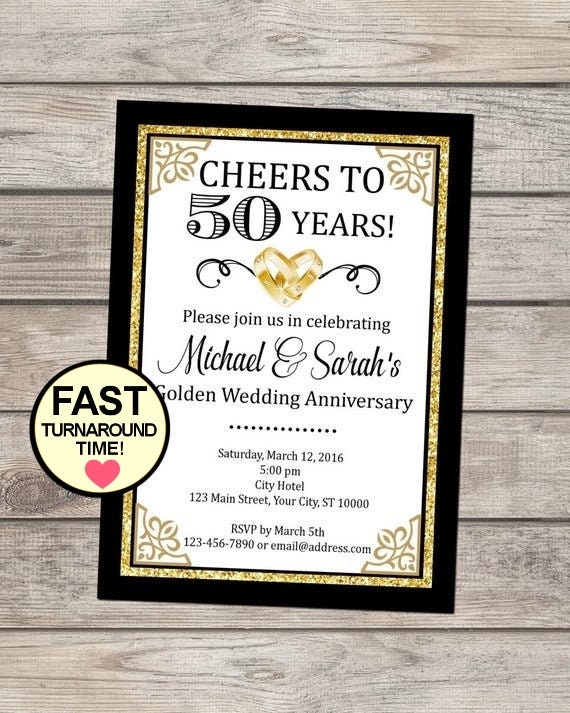 50th Golden Wedding Anniversary Invitation, Custom Black And Gold 50th Anniversary Invite, Formal Elegant 50th Anniversary Party Invitation Il_570xn