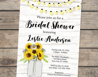 Rustic Bridal Shower Invitation, Country Wood & String Of Lights Bridal Shower Invitations, Sunflowers Mason Jar Bridal Shower Invitation