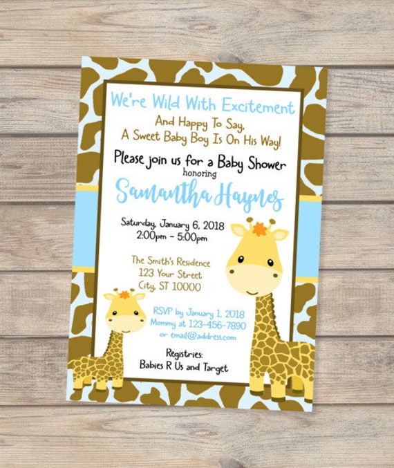 Giraffe Baby Shower Invitation Boy Blue Safari Mom And Invites Digital Or Printed