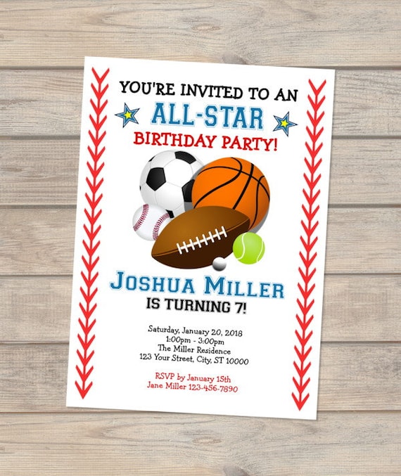 all star sports birthday party invitation allstar sports theme