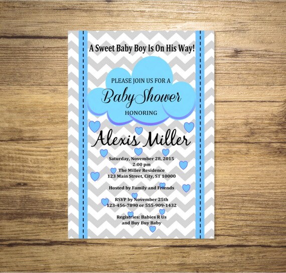 Chevron and Blue Rain Cloud Boy Baby Shower Invitation, Cloud and Heart Raindrops Baby Shower Invitation, Chevron Invitation For Baby Boy Il_570xn