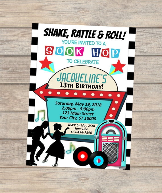 Sock Hop Birthday Invitation, Retro 50s Birthday Party, Sock Hop Invites, 1950s Theme Invitation, Retro Jukebox Invitation, Sock Hop Party Il_570xn