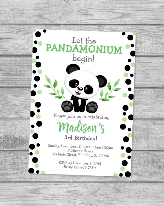 Panda Birthday Invitation, Panda Bear Invitation, Panda Green & Black Polka Dots Invitation, Pandamonium Birthday Party Invite Boy or Girl Il_570xn
