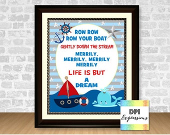 Nautical Art Print, Printable Nautical Nursery Art Print, Row Your Boat Wall Art,Sailboat Art Print,Nautical Wall Decor, INSTANT DOWNLOAD