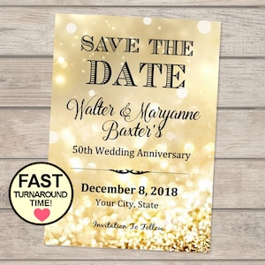 50th Anniversary Save The Date Card, Formal, Elegant Save The Date Card, Gold Wedding Announcement Card, Digital or Printed