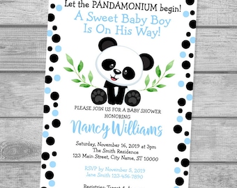 Panda Baby Shower Invitation For Baby Boy, Panda Bear Baby Shower Invitation, Panda And Polka Dots Invitation, Panda Boy Baby Shower Invite