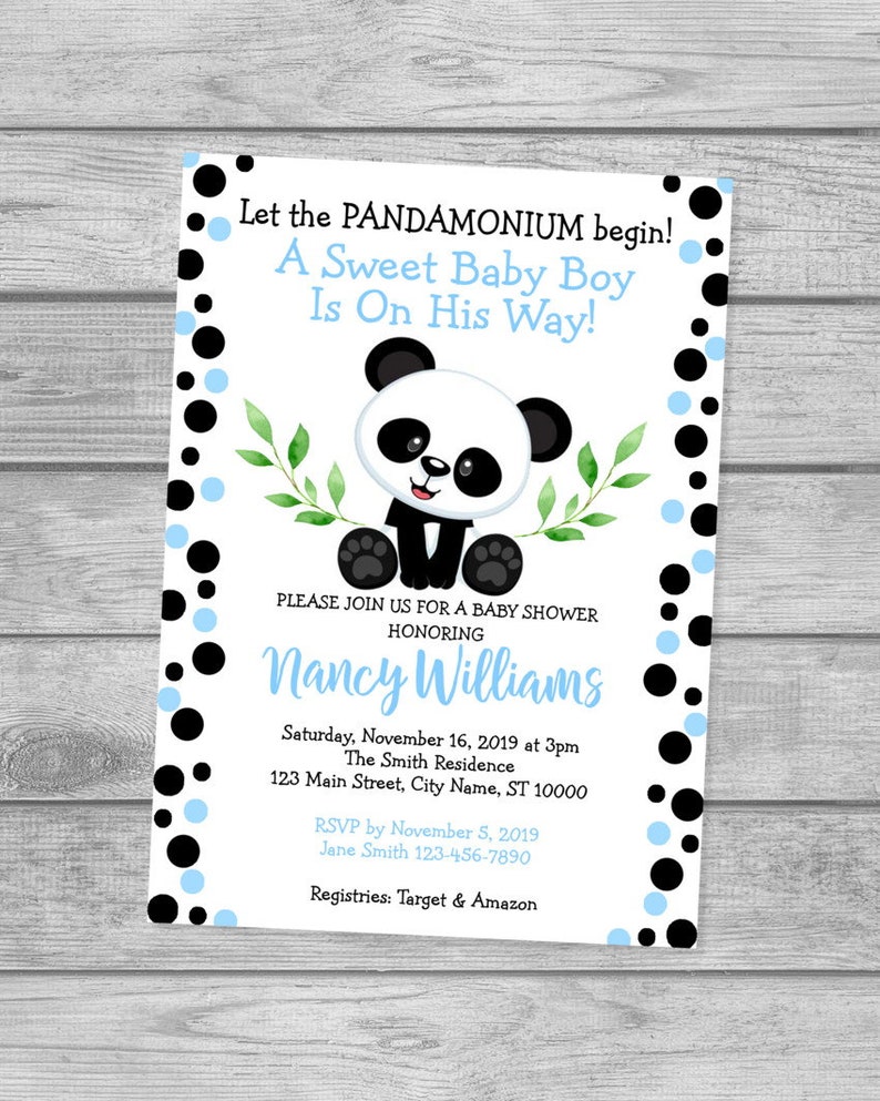 Panda Baby Shower Invitation For Baby Boy, Panda Bear Baby Shower Invitation, Panda And Polka Dots Invitation, Panda Boy Baby Shower Invite image 1