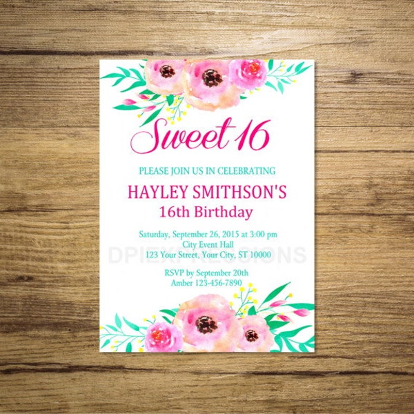 Sweet 16 Invitation, Watercolor Flowers Sweet Sixteen Teenage Girl Birthday Party Invitation, Floral Sweet 16 Invitation DIGITAL OR PRINTED