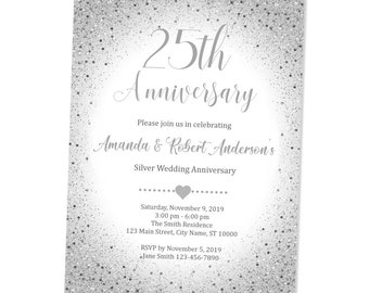 Silver Confetti 25th Wedding Anniversary Invitation, 25th Silver Anniversary Invite, Custom Silver Confetti Invitation, Digial Or Printed