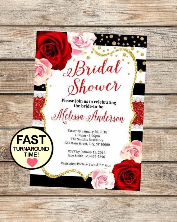Red Roses Bridal Shower Invitation, Red and Pink Flowers Invitation, Floral Print Bridal Shower Invite, Black And White Stripes Invitation Il_570xn