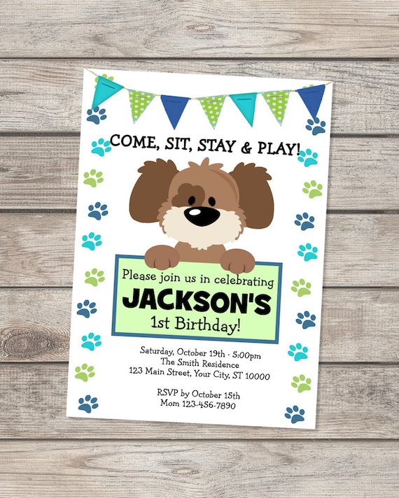 Puppy Invitation, Dog Birthday Invitation, Doggy Invitation, Navy Green