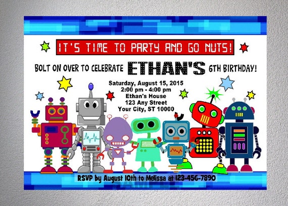 Robots Invitation, Printable Robots Birthday Party Invitation, Custom Robots Party Invitation, Cute Robots Invitation, DIGITAL OR PRINTED Il_570xn