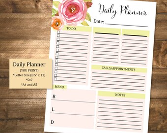 Printable Daily Planner, To Do List, Printable Organizer, Checklist, Watercolor Flowers Daily Planner, INSTANT DOWNLOAD