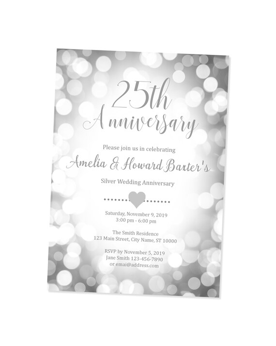 25th Anniversary Invitation, Silver Bokeh Sparkle 25th Anniversary Invite, Custom Silver Wedding Anniversary Invitation, Digital Or Printed Il_570xn