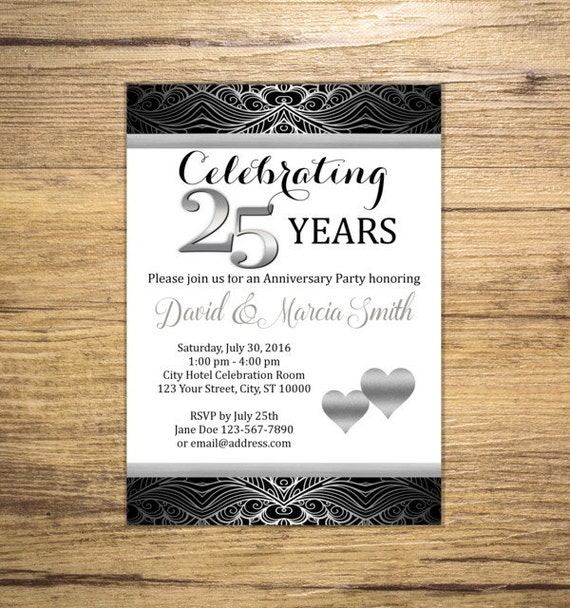 25th Wedding Anniversary Invitation Silver And Black