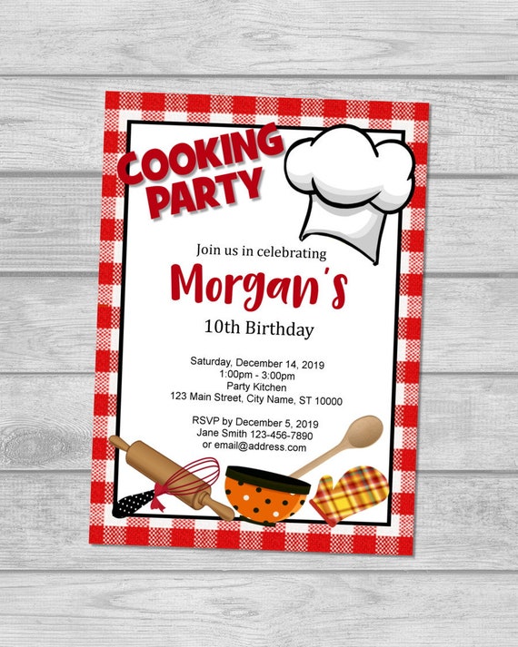 Cooking Party Invitation, Chef Birthday Party Invitation, Red Plaid, Gingham Cooking Baking Party Invitations, Digital or Printed Il_570xn