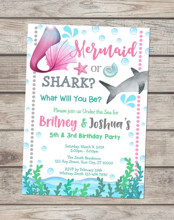 Mermaid And Or Shark Birthday Party Invitation For Boy And Girl, Under The Sea Combined Birthday Invitation, Mermaid Or Shark Party Invite Il_570xn
