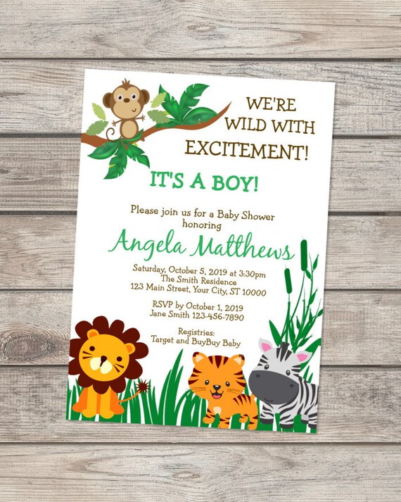 Jungle Animals Baby Shower Invitation, Custom Jungle Safari Baby Shower