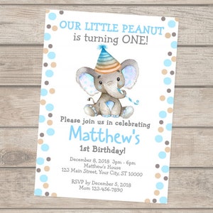 Elephant Birthday Invitation, Boy Elephant 1st Birthday Invitation, Elephant Blue and Gray Polka Dots, Little Peanut Birthday Party Invite