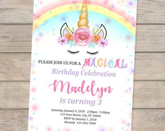 Rainbow And Unicorn Birthday Invitations, Unicorn And Rainbow Invitation, Magical Whimsical Unicorn Invitation, Unicorn Sparkles Invite