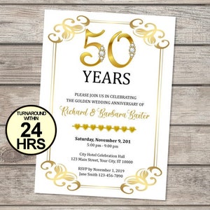 50th Golden Wedding Anniversary Invitation, Gold Scolls And Hearts, Custom Elegant Formal 50th Anniversary Invite, Gold White Black Invites