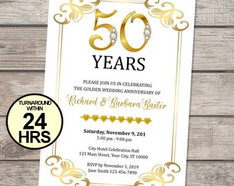 50th Golden Wedding Anniversary Invitation, Gold Scolls And Hearts, Custom Elegant Formal 50th Anniversary Invite, Gold White Black Invites