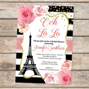 Paris Bridal Shower Invitation, Floral Stripes Bridal Shower Invitation Eiffel Towel French Bridal Shower Invite, Parisian Shower Invitation