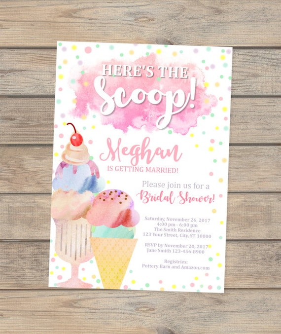 Ice Cream Bridal Shower Invitation, Watercolor Ice Cream Social Invitations, Custom Here's The Scoop Ice Cream Bridal Shower Invitation Il_570xn