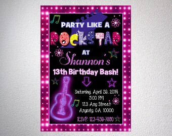Custom Rockstar Invitation, Pink Neon Glow Birthday Party Invitation DIY - Digital File, U Print