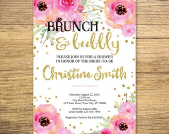 Brunch And Bubbly Bridal Shower Invitation, Watercolor Flowers And Gold (Digital) Glitter Bridal Shower Invitations, Digital or Printed