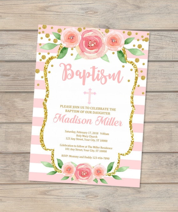 Girl Baptism Invitation Christening Invitation For Baby Girl Etsy girl baptism invitation christening invitation for baby girl pink stripes baptism invitation pink and gold baptism invitation