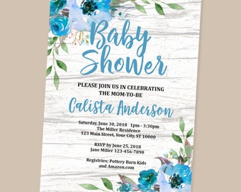 Rustic Baby Shower Invitation, Blue Floral And Wood Baby Shower Invitations, Boy Baby Shower Invitation, Blue Watercolor Flowers Invitation