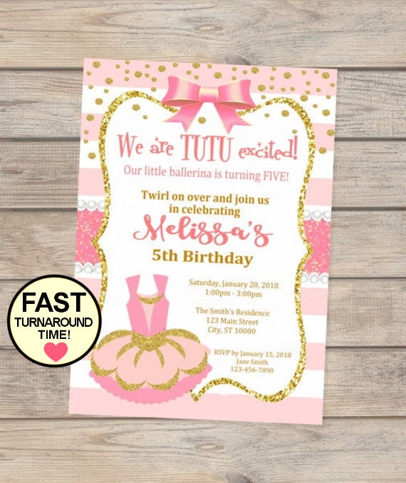 Ballerina Birthday Invitation, Pink Tutu Invitation, Blush Pink And Gold Ballerina Invitation, Tutu Excited, Digital or Printed Il_570xn