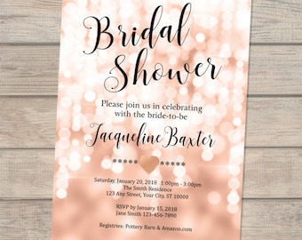 Rose Gold Bokeh Bridal Shower Invitation, Custom Personalized Rose Gold Blush Bridal Shower Invite, Rose Gold Wedding Shower Invitation