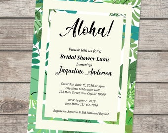 Luau Bridal Shower Invitation, Tropical Greenery Bridal Shower Invitation, Hawaiian Theme Bridal Shower Invitation, Aloha Bridal Shower