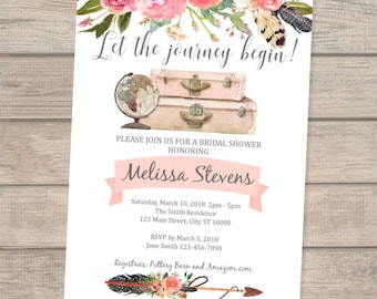 Travel Theme Bridal Shower Invitation, Wanderlust Bridal Shower Invitation, Luggage, Suitcases Invitation, Boho Flowers Bridal Shower Invite