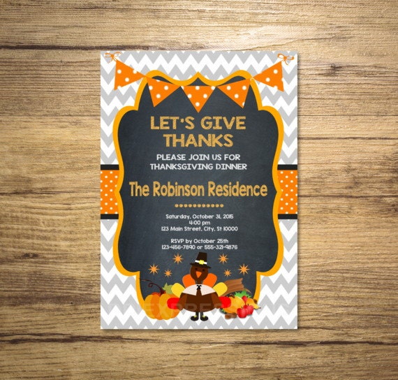Thanksgiving Dinner Invitation, Chalkboard & Chevron Invitation, Turkey, Pumpkin, Cornucopia Invitations, DIGITAL OR PRINTED Il_570xn