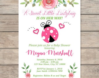 Little Ladybug Baby Shower Invitation, Cute Baby Lady Bug Invite, Baby Girl Pink Ladybug And Flowers Invitation, Ladybug Girl Baby Shower