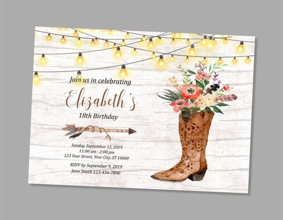 Cowgirl Birthday Invitation, Rustic Western Birthday Party Invitation, Cowgirl Boots Birthday Party Invitation, Country Birthday Invitation Il_570xn