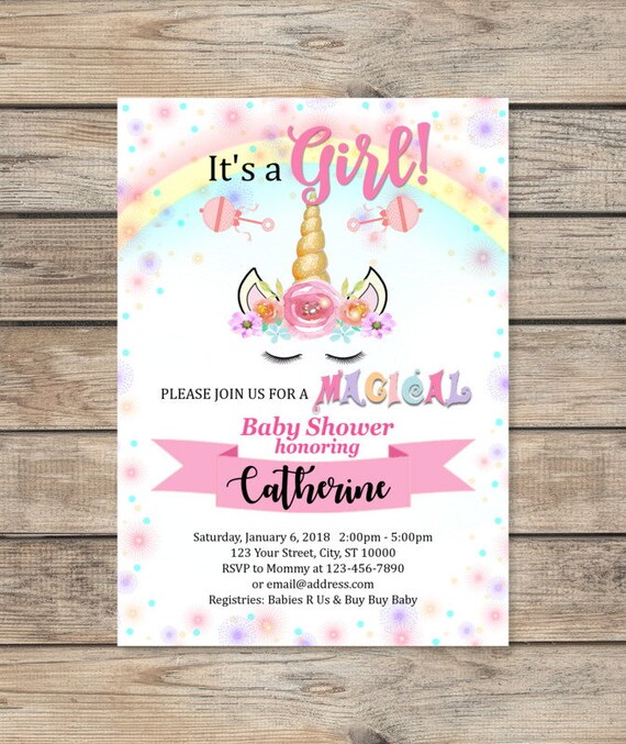 Unicorn Baby Shower Invitation, Whimsical Magical Unicorn Invites, Rainbow Unicorn Girl Baby Shower, Dreamy Unicorn Face Invitation Il_570xn