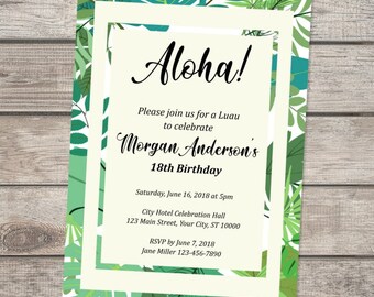 Luau Party Invitation, Hawaiian Theme Birthday Party Invitation, Tropical Greenery Birthday Invitation, Aloha Luau Invites, Luau Party