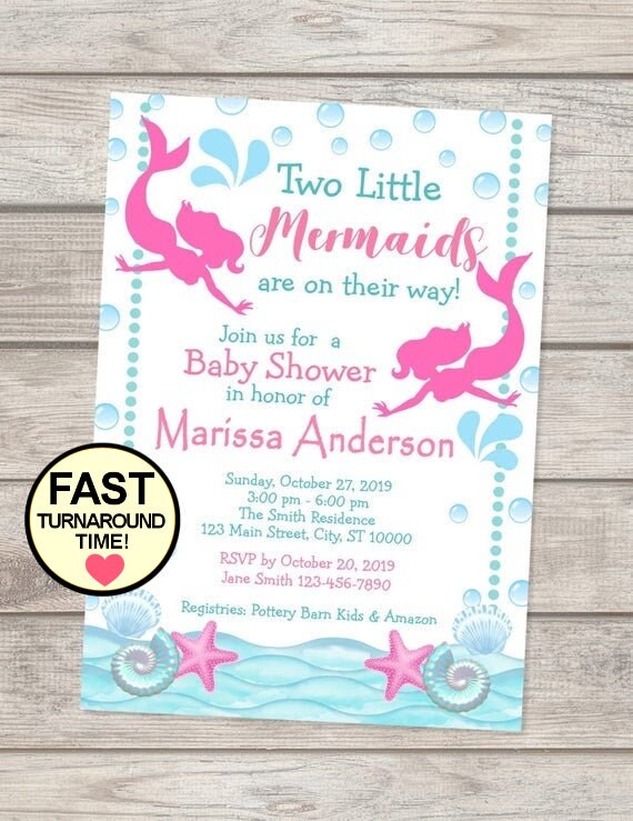 Mermaid Twins Baby Shower Invitation, Twin Girls Mermaid Under The Sea Twins Baby Shower Invitations, Twin Mermaids Invite For Twin Girls Il_570xn