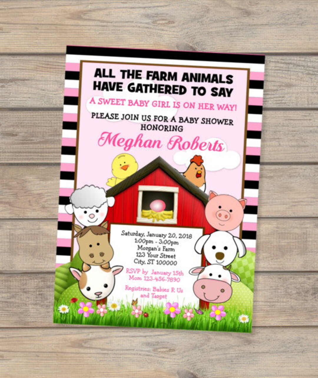 Farm Animals Barnyard Baby Shower Invitation, Baby Girl Barnyard