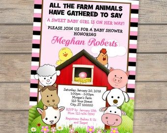 Farm Animals Barnyard Baby Shower Invitation, Baby Girl Barnyard Animals Invitation, Red Barn Invitation, Farm Girl Baby Shower Invites