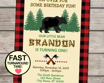 Lumberjack Birthday Party Invitation, First 1st Birthday Party Invite, Red Flannel Party Invitation, Bear, Pine Trees Forest Birthday Invite