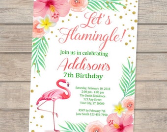 Flamingo Birthday Invitation, Tropical Pink Flamingo Invitation, Let's Flamingle Invitation, Flamingo Birthday Party Invite, Flamingo Theme