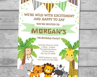 Safari Birthday Invitation, Custom Jungle Animals Birthday Party Invite, Giraffe Lion Zebra Monkey Tiger Elephant Safari Party Invitation