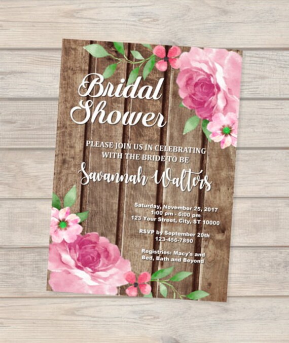 Rustic Bridal Shower Invitation, Wood & Watercolor Flowers, Boho Wood And Peonies Bridal Shower Invitations, Floral Bridal Shower Invite Il_570xn