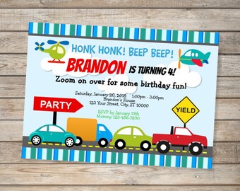 Transportation Cars Trucks Airplane Invitation, Cars Trucks Birthday Party Invitation, Transportation Vehicles Invites, Digital Or Printed